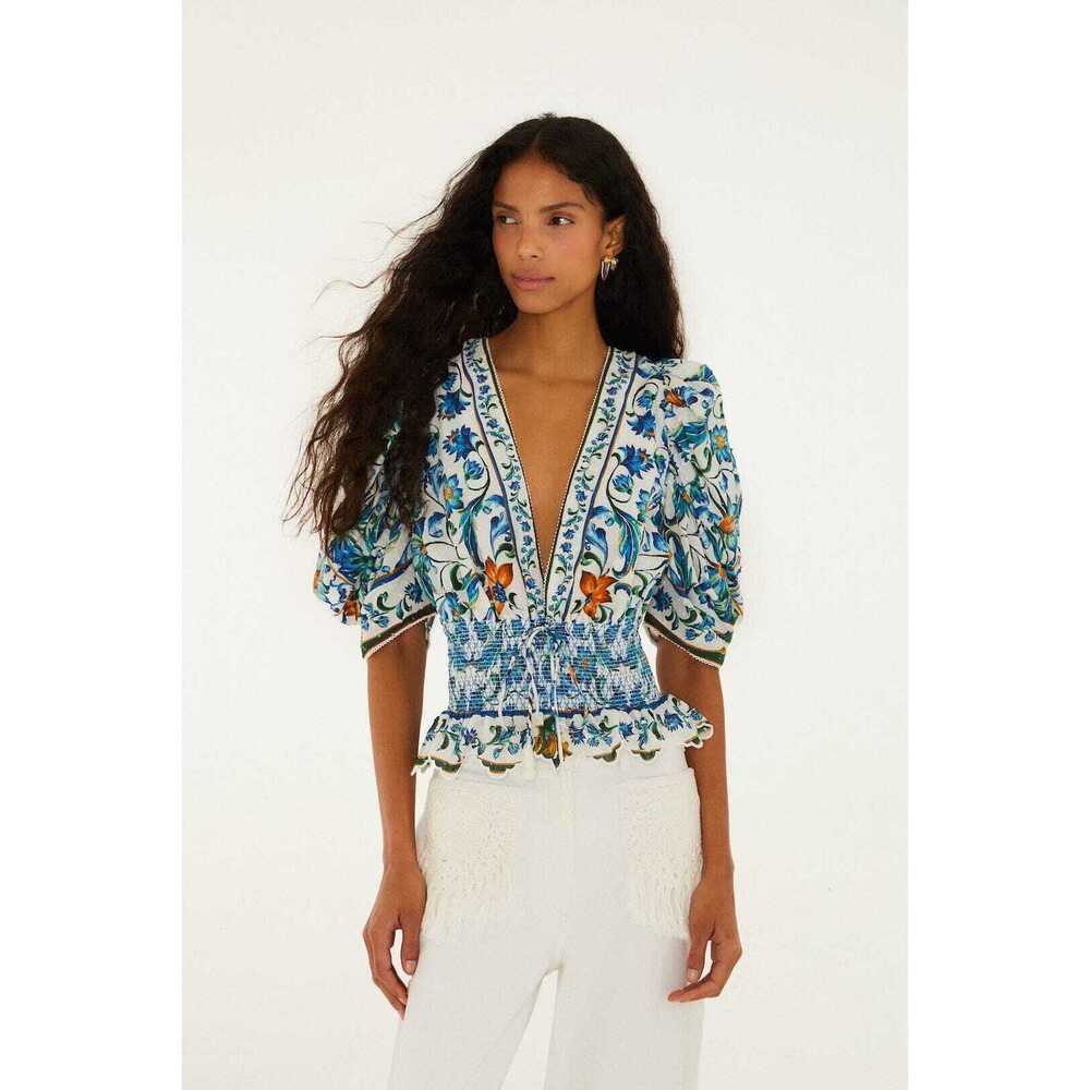 NWT FARM RIO Off-White Flora Tile Smocked Blouse